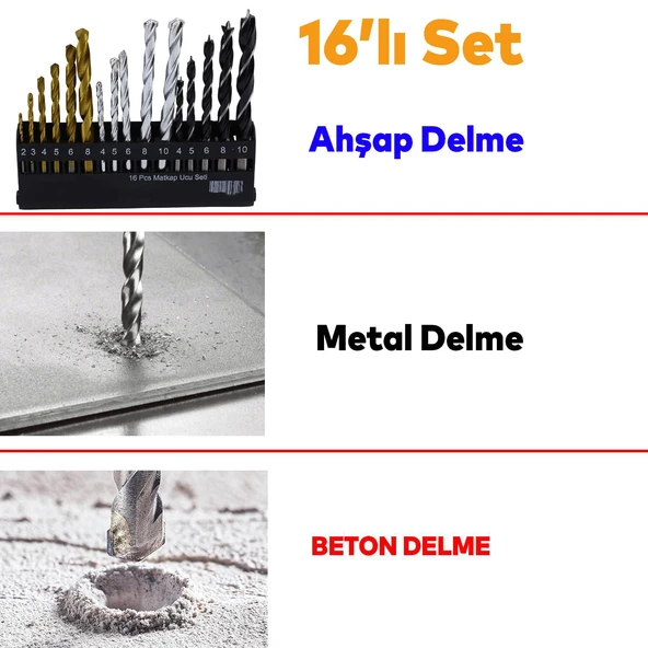 Matkap Ucu Set 16'lı Paket 3'ü Bir Arada Beton Duvar Ahşap Metal Çelik Delme Uç Değişik Uzunluk Çap - 3