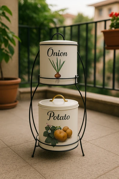 2 Katlı Kulplu Patates Soğanlık Metal Patates Soğan Kovası Sebzelik Sepeti Krem - Resim 2