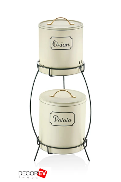 2 Katlı Kulplu Patates Soğanlık Metal Patates Soğan Kovası Sebzelik Sepeti Krem - 2