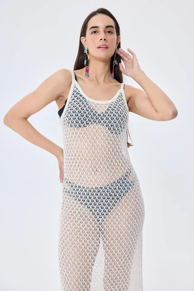 Peraluna Angel, Ajurlu, Kadın Uzun Triko Plaj Elbisesi - EKRU - Resim 4