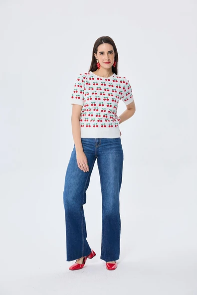 Peraluna Alice's Cherry, Kiraz Desenli Kadın Triko Yazlık Bluz  - EKRU MULTİ