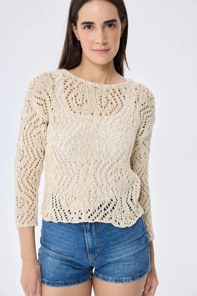 Peraluna AMY TOP Ajur Örgü Kadın Simli Bluz  - Ekru Simli - Resim 4