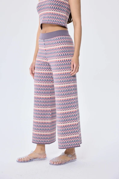 Peraluna illusion, Jakarlı Organik Pamuk Kadın Mevsimlik Triko Pantolon - MULTİ / LİLA - Resim 5