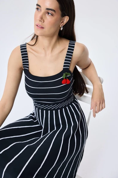 Peraluna Freya, Çizgili Yazlık Triko Kadın Elbise  - ANTRASIT - 4