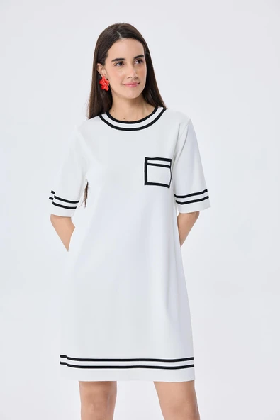 Peraluna Ingrid, Çizgi Detaylı Mini Yazlık Triko Elbise - EKRU - 4