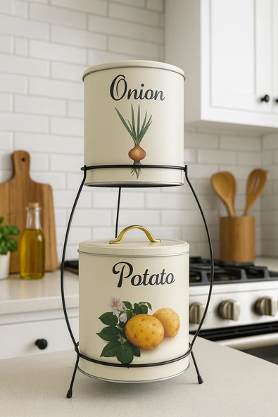 2 Katlı Kulplu Patates Soğanlık Metal Patates Soğan Kovası Sebzelik Sepeti Krem - Resim 3