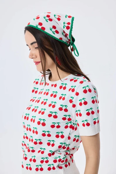 Peraluna Alice's Cherry, Kiraz Desenli Kadın Triko Yazlık Bluz  - EKRU MULTİ - 7