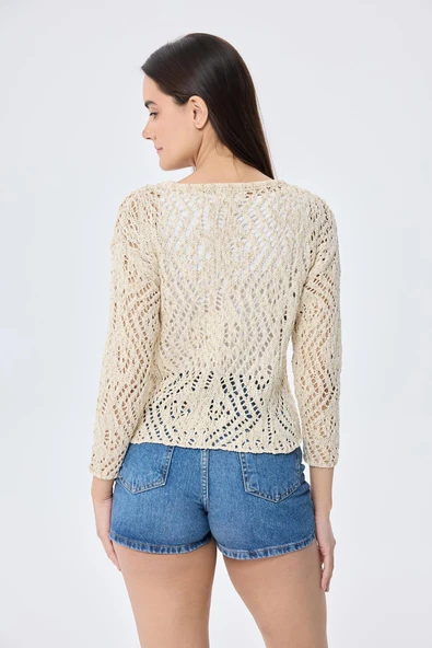 Peraluna AMY TOP Ajur Örgü Kadın Simli Bluz  - Ekru Simli - Resim 8