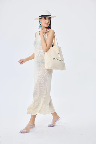 Peraluna Honeymoon, Ajurlu, Kadın Uzun Triko Plaj Elbisesi - KREM - Resim 2