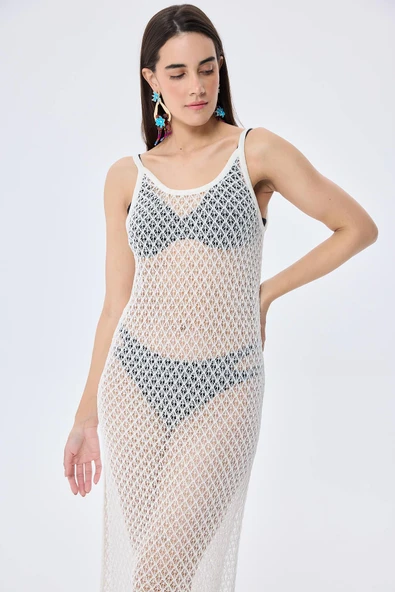 Peraluna Angel, Ajurlu, Kadın Uzun Triko Plaj Elbisesi - EKRU - Resim 5