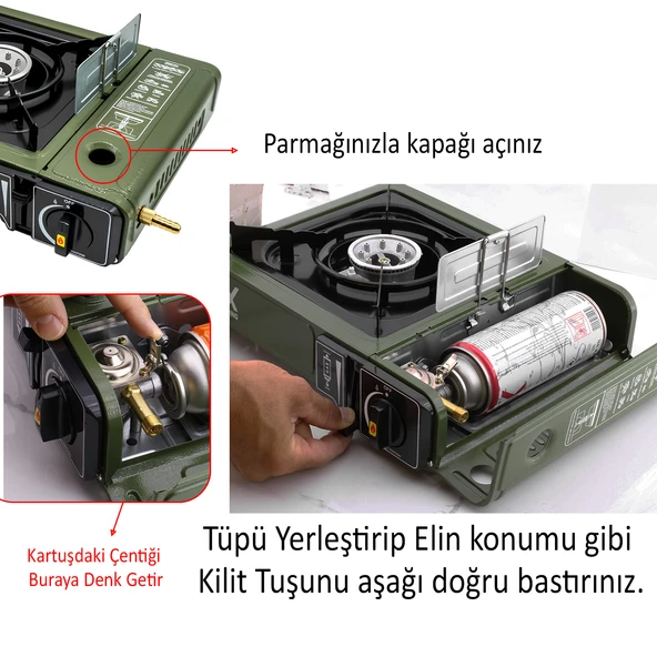 Taşınabilir Portatif Kamp Ocağı Tek Gözlü 3 Adet Gaz Kartuşlu Tüp Uyumlu Bağlantı Gezi Piknik Ocak - 2