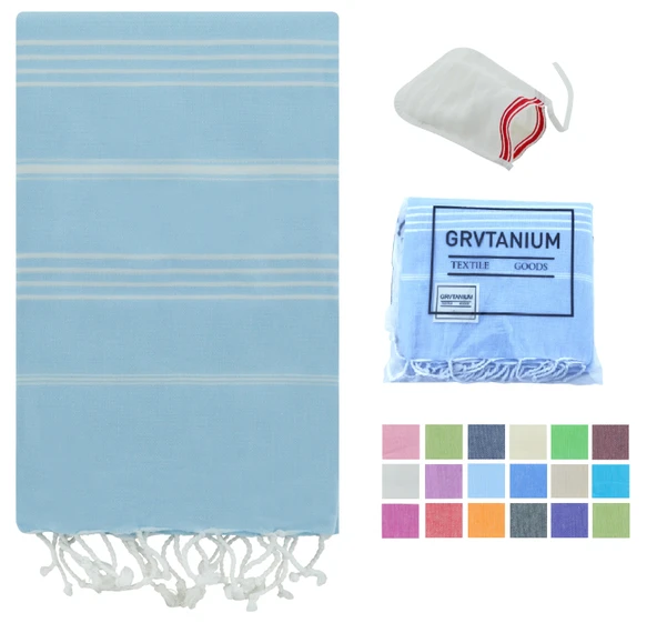 GRVTANIUM Açık Mavi %100 Pamuk 180x100cm Peştemal Püsküllü Banyo,Plaj,Hamam Havlusu Kese Hediyeli M2