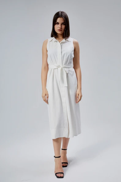 Ekru Regular Fit Kuşak Kemerli Elbise - 3