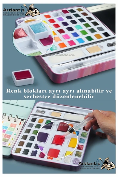Tablet Sulu Boya 36 Renk Teneke Kutu 1 Paket 36 lı Taş Sulu Boya Çıkarılabilir Tablet Suluboya Resim Hobi Sanat - Resim 4