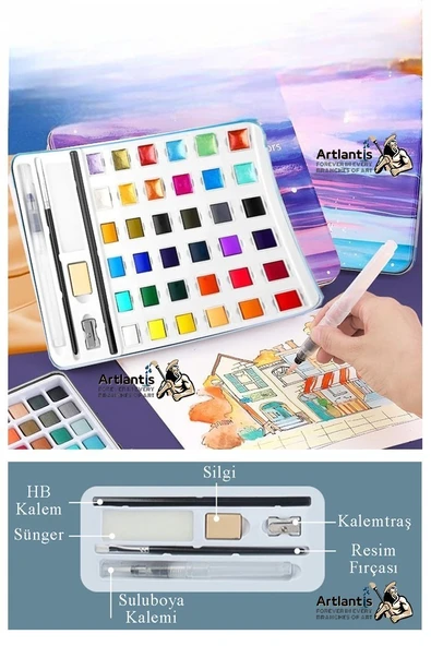 Tablet Sulu Boya 36 Renk Teneke Kutu 1 Paket 36 lı Taş Sulu Boya Çıkarılabilir Tablet Suluboya Resim Hobi Sanat - Resim 2