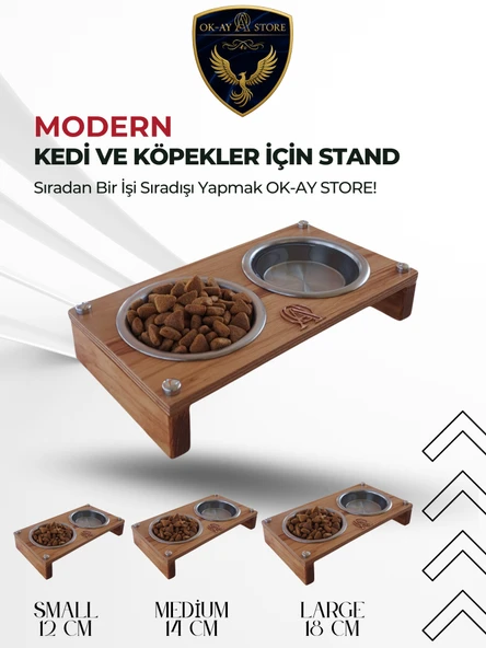 Paslanmaz Çelik Kaseli Kedi Köpek Mama ve Su Kabı Standı  Ahşap Gövde, Kaymaz Tabanlı - 1