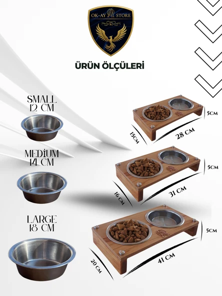Paslanmaz Çelik Kaseli Kedi Köpek Mama ve Su Kabı Standı  Ahşap Gövde, Kaymaz Tabanlı - 2