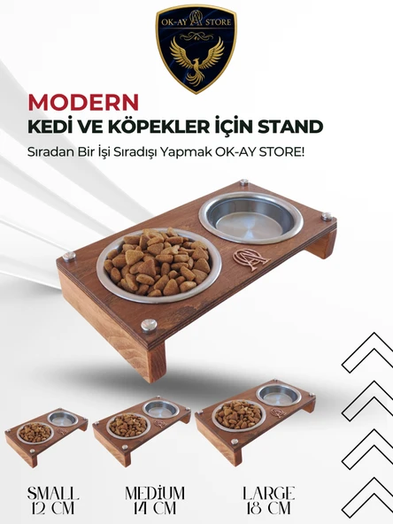Paslanmaz Çelik Kaseli Kedi Köpek Mama ve Su Kabı Standı  Ahşap Gövde, Kaymaz Tabanlı - 1