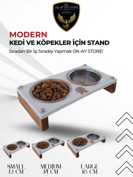 Paslanmaz Çelik Kaseli Kedi Köpek Mama ve Su Kabı Standı  Ahşap Gövde, Kaymaz Tabanlı ürün görseli