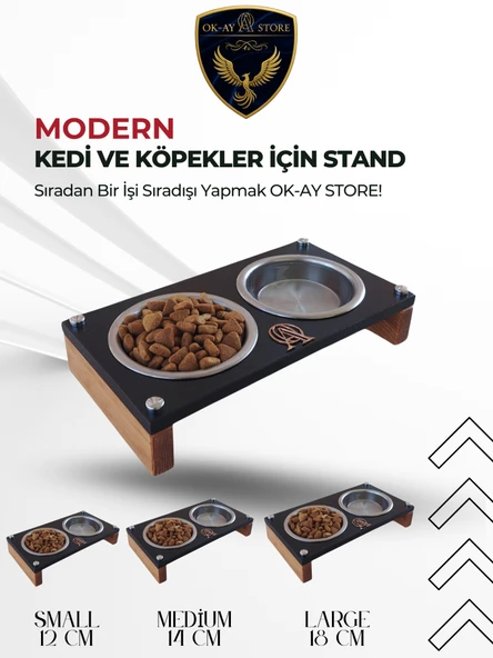 Paslanmaz Çelik Kaseli Kedi Köpek Mama ve Su Kabı Standı  Ahşap Gövde, Kaymaz Tabanlı