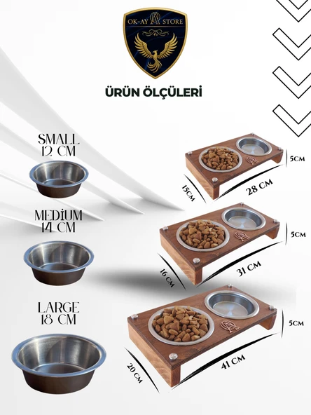 Paslanmaz Çelik Kaseli Kedi Köpek Mama ve Su Kabı Standı  Ahşap Gövde, Kaymaz Tabanlı - 2