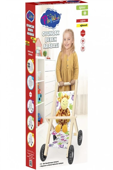 Ahşap Oyuncak Bebek Arabası - Bebek Yürüteç Yürüme Arabası