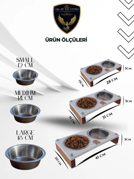 Paslanmaz Çelik Kaseli Kedi Köpek Mama ve Su Kabı Standı  Ahşap Gövde, Kaymaz Tabanlı - Resim 2