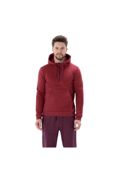 Erkek Bordo Yarım Fermuar Kapüşonlu Sweatshirt 2012051