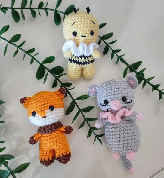 3'LÜ MİNİK AMİGURUMİ OYUNCAKLAR (FARE, TİLKİ, ARI)