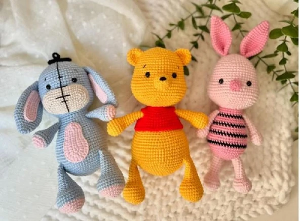 Amigurumi Organik Oyuncak Winni The Pooh Set (3'LÜ) Piglet, Eeyore, Winnie