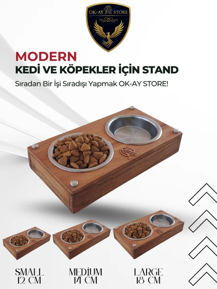 Paslanmaz Çelik Kaseli Kedi Köpek Mama ve Su Kabı Standı  Ahşap Gövde, Kaymaz Tabanlı - 1