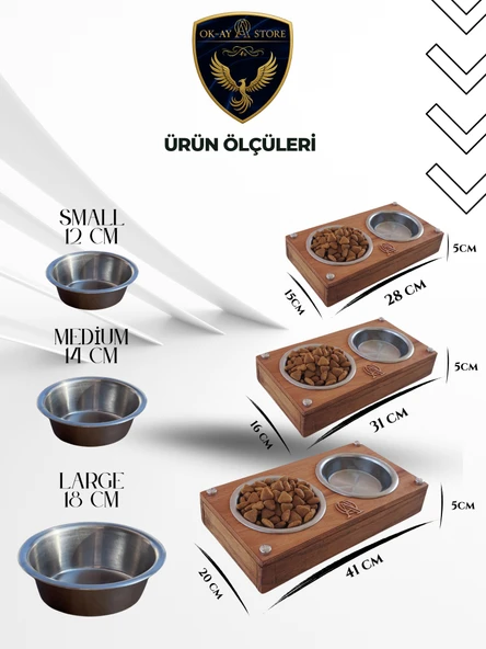 Paslanmaz Çelik Kaseli Kedi Köpek Mama ve Su Kabı Standı  Ahşap Gövde, Kaymaz Tabanlı - 2