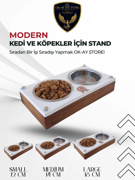 Paslanmaz Çelik Kaseli Kedi Köpek Mama ve Su Kabı Standı  Ahşap Gövde, Kaymaz Tabanlı - 1