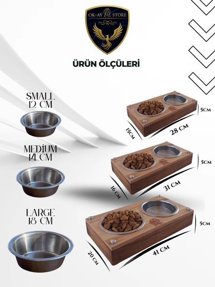 Paslanmaz Çelik Kaseli Kedi Köpek Mama ve Su Kabı Standı  Ahşap Gövde, Kaymaz Tabanlı - 2