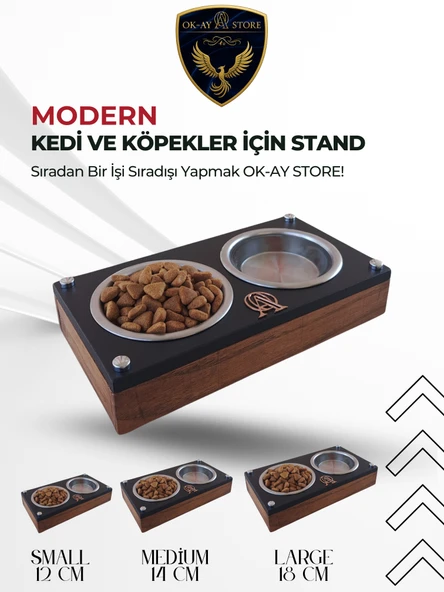 Paslanmaz Çelik Kaseli Kedi Köpek Mama ve Su Kabı Standı  Ahşap Gövde, Kaymaz Tabanlı ürün görseli 1