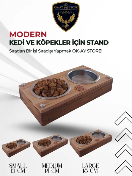 Paslanmaz Çelik Kaseli Kedi Köpek Mama ve Su Kabı Standı  Ahşap Gövde, Kaymaz Tabanlı - 1