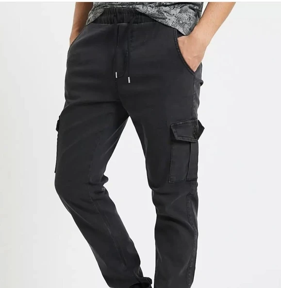 Erkek Jogger Beli ve Paçası Lastikli Keten Siyah Kargo Pantolon - 5
