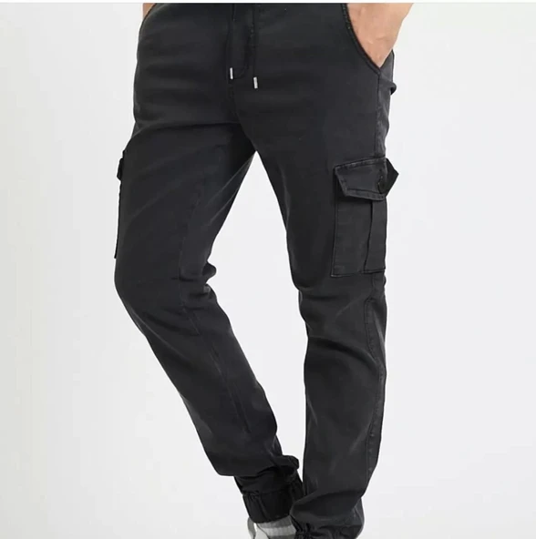 Erkek Jogger Beli ve Paçası Lastikli Keten Siyah Kargo Pantolon - 4