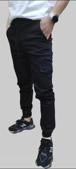 Erkek Jogger Beli ve Paçası Lastikli Keten Siyah Kargo Pantolon