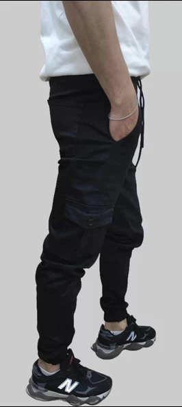 Erkek Jogger Beli ve Paçası Lastikli Keten Siyah Kargo Pantolon - 8