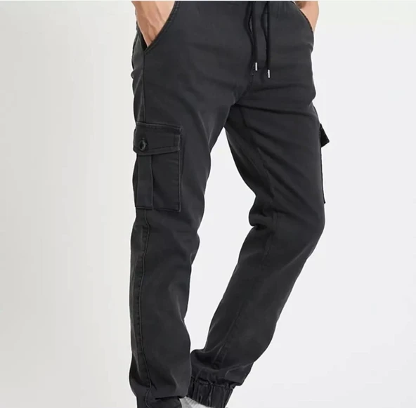 Erkek Jogger Beli ve Paçası Lastikli Keten Siyah Kargo Pantolon - 3