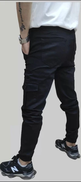 Erkek Jogger Beli ve Paçası Lastikli Keten Siyah Kargo Pantolon - 12