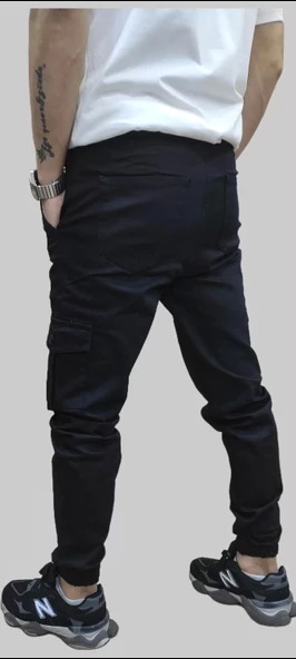 Erkek Jogger Beli ve Paçası Lastikli Keten Siyah Kargo Pantolon - 11