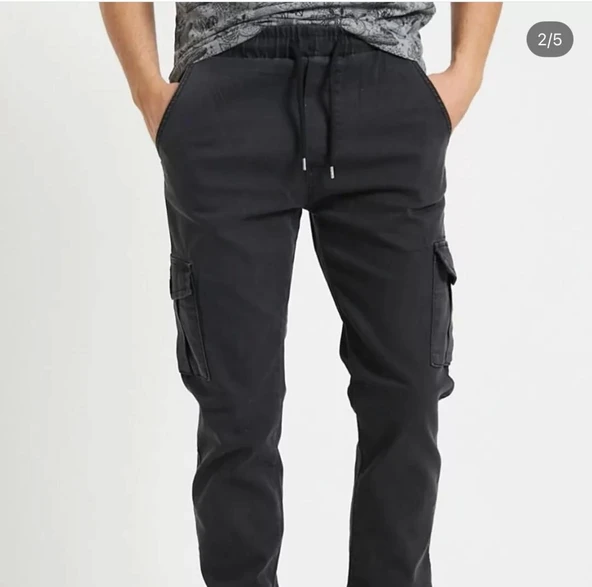 Erkek Jogger Beli ve Paçası Lastikli Keten Siyah Kargo Pantolon - 2