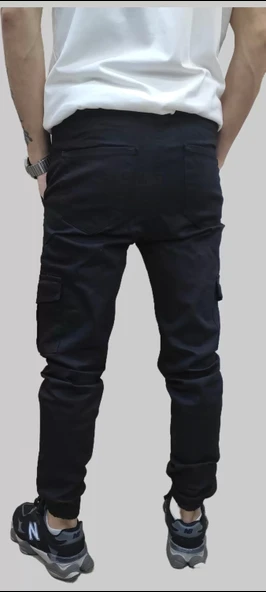 Erkek Jogger Beli ve Paçası Lastikli Keten Siyah Kargo Pantolon - 10