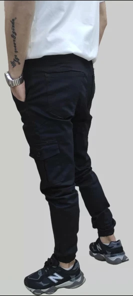 Erkek Jogger Beli ve Paçası Lastikli Keten Siyah Kargo Pantolon - 9