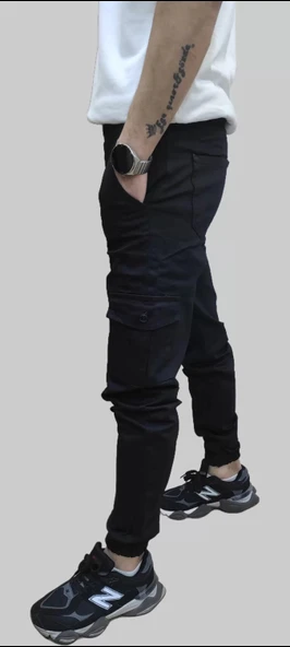 Erkek Jogger Beli ve Paçası Lastikli Keten Siyah Kargo Pantolon - 6