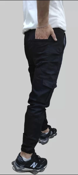 Erkek Jogger Beli ve Paçası Lastikli Keten Siyah Kargo Pantolon - 7