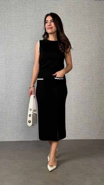 Kadın Modal Kumaş Cepli Yırtmaç Detay Etekli Ikili Takım - Resim 3