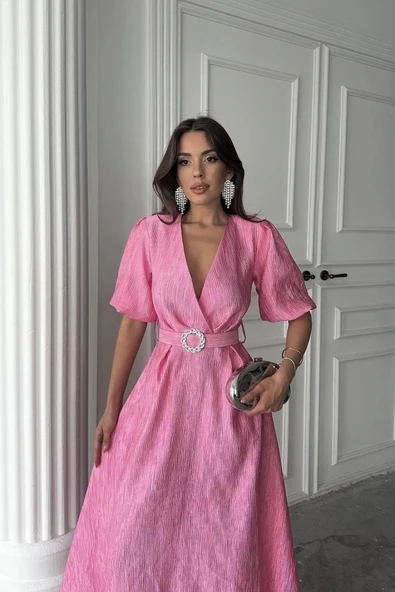 Pembe Işıltılı Kemerli Kruvaze Elbise - 4
